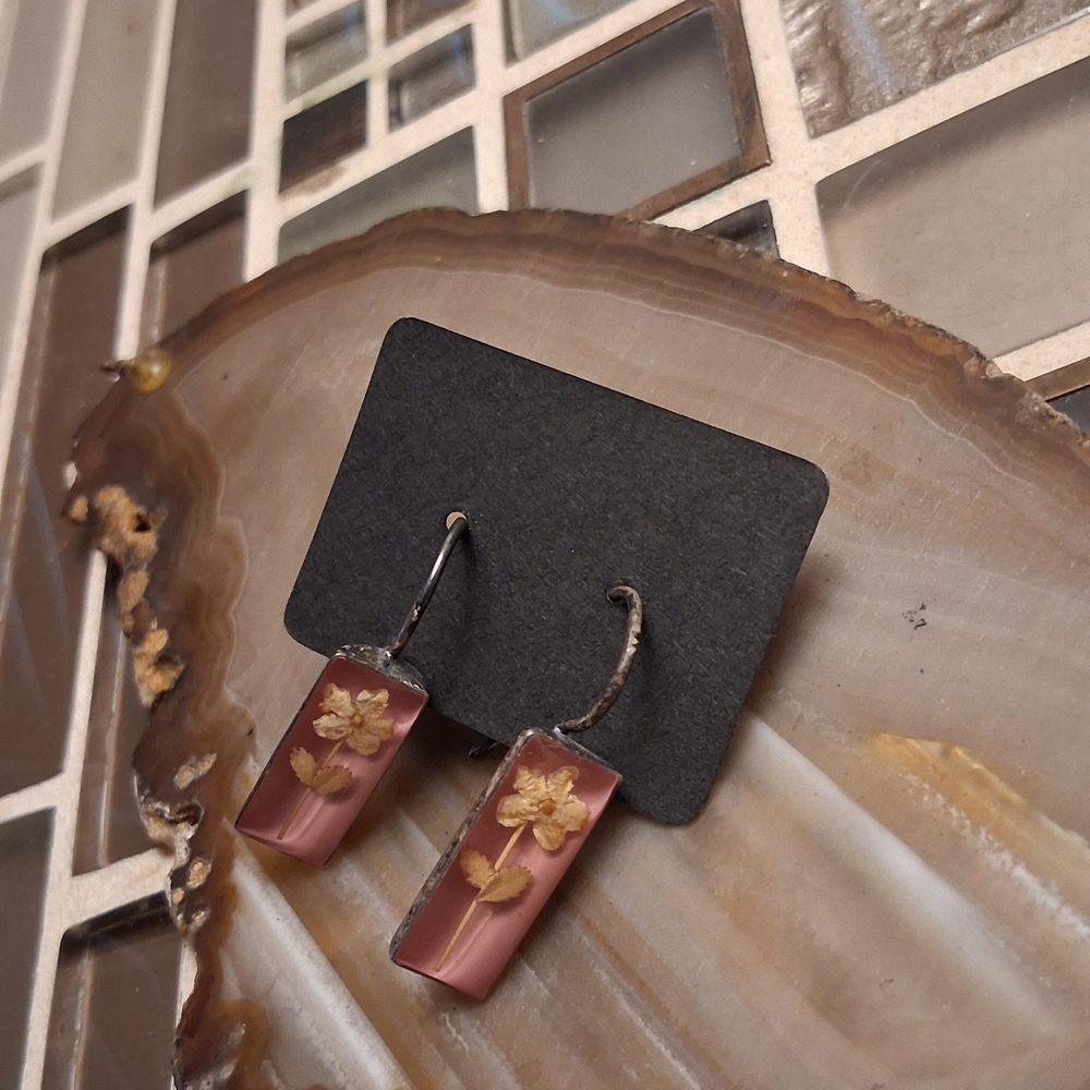 Pink Resin Drop Earrings with Embedded Floral Detail - Women Jewelry